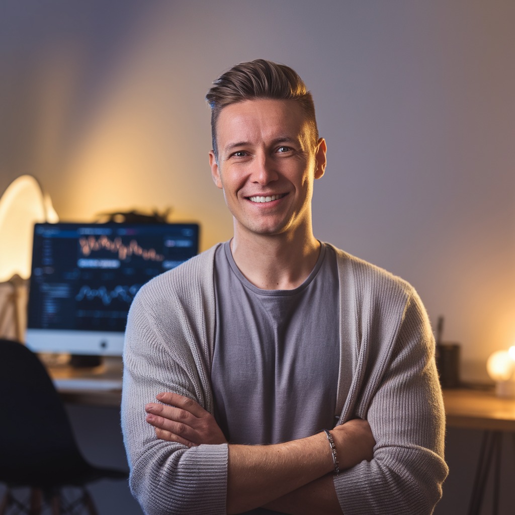 Alex Trendwell, a digital media analyst, in a minimalist home office, analyzing social media trends on a computer screen